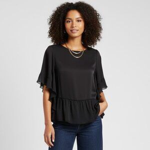 WHO WHAT WEAR | Black Silky Flutter Sleeve Peplum Blouse | Small